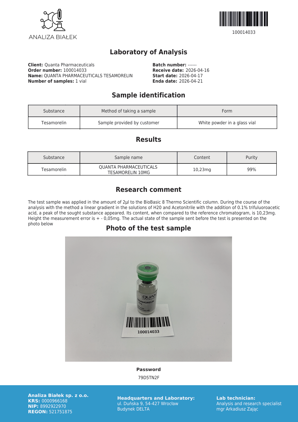 Quanta Pharma Tesamorelin 10mg - Image 2